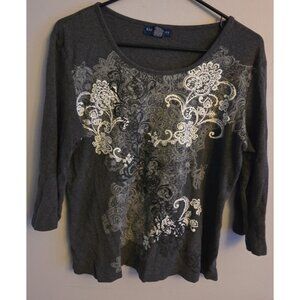 Karen Scott Shirt Top Medium Gray Geometric Multicolor Pattern  3/4 Sleeve Top
